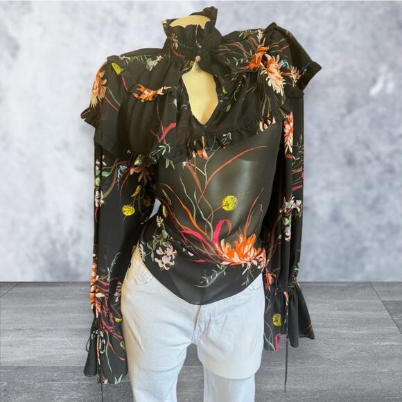H&M Tops - H&M Sheer Black Floral Fluttersleeve Highneck Top
